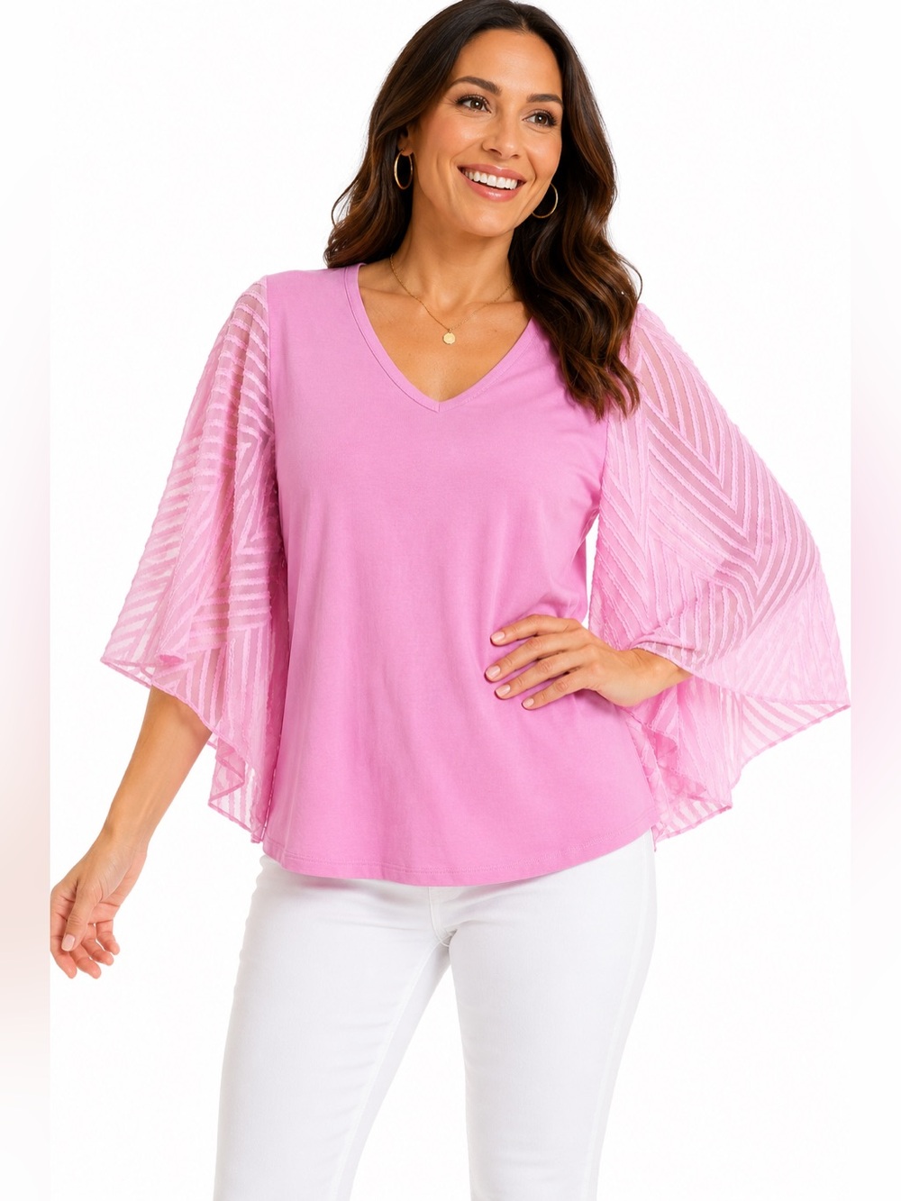 Belle by Kim Gravel Pink V-Neck Sheer Flutter Sleeve Top Size M
